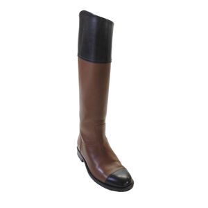Chanel Womens Leather Cap Toe Knee High Riding Boots Brown Black Size 36.5 6.5